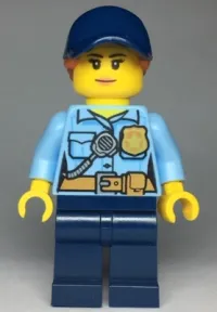 LEGO Police - City Officer Female, Bright Light Blue Shirt with Badge and Radio, Dark Blue Legs, Dark Blue Cap with Dark Orange Ponytail minifigure