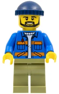 LEGO Dock Worker, Male, Blue Jacket with Diagonal Lower Pockets and Orange Stripes, Olive Green Legs, Dark Blue Knit Cap minifigure