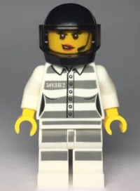LEGO Sky Police - Jail Prisoner 50382 Prison Stripes, Female, Scowl with Red Lips and Open Mouth, Black Helmet minifigure