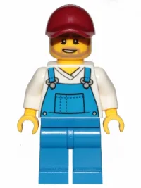 LEGO Overalls Blue over V-Neck Shirt, Blue Legs, Dark Red Cap, Dark Tan Angular Beard minifigure