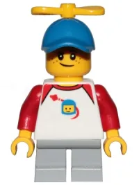 LEGO Boy, Freckles, Classic Space Shirt with Red Sleeves, Light Bluish Gray Short Legs, Blue Cap with Tiny Yellow Propeller minifigure