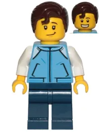 LEGO Teenage Boy, Medium Blue Jacket, Dark Blue Legs, Dark Brown Hair Swept Right with Front Curl minifigure