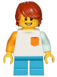 LEGO Boy, Freckles, White Shirt with Orange Pocket, Dark Azure Short Legs, Dark Orange Hair Tousled with Side Part minifigure
