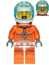 LEGO Astronaut - Male, Orange Spacesuit with Dark Bluish Gray Lines, Trans Light Blue Large Visor, Large Smile with Eyes Closed and Smirk minifigure