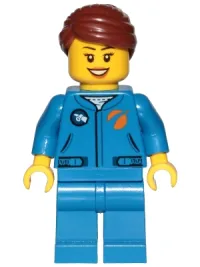LEGO Astronaut - Female, Blue Jumpsuit, Reddish Brown Hair Swept Back Into Bun, Open Mouth Smile minifigure