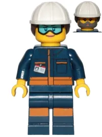 LEGO Rocket Engineer - Female, Dark Blue Jumpsuit, White  Construction Helmet with Dark Brown Ponytail Hair, Light Blue Goggles and Face Covered with Dirt minifigure