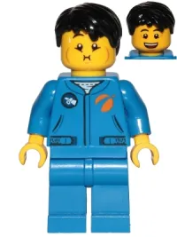 LEGO Astronaut - Male, Blue Jumpsuit, Black Hair Short Tousled with Side Part, Queasy and Open Mouth Smile minifigure