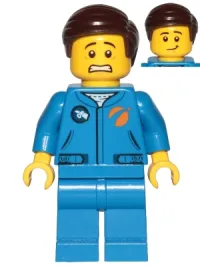 LEGO Astronaut - Male, Blue Jumpsuit, Dark Brown Hair Short Combed Sideways Part Left, Scared and Lopsided Smile minifigure