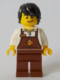 LEGO Barista - Male, Reddish Brown Apron with Cup and Name Tag, Black Hair minifigure