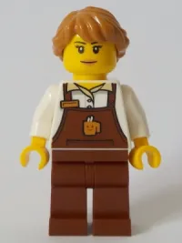 LEGO Barista - Female, Reddish Brown Apron with Cup and Name Tag, Medium Nougat Hair minifigure