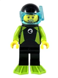 LEGO Diver - Male, Black Wetsuit with White Logo and Lime Trim and Flippers minifigure