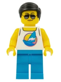 LEGO Beach Tourist - Male, White Tank Top with Dark Azure Sailboat, Dark Azure Legs, Black Hair minifigure