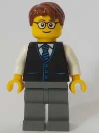 LEGO Launch Director - Male, Black Vest with Blue Striped Tie, Dark Bluish Gray Legs, Reddish Brown Short Tousled Hair, Glasses minifigure