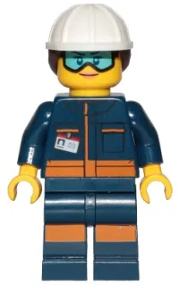 LEGO Ground Crew Technician - Female, Dark Blue Jumpsuit, White Construction Helmet with Dark Brown Ponytail Hair, Light Blue Goggles minifigure