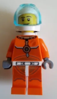 LEGO Astronaut - Male, Orange Spacesuit with Dark Bluish Gray Lines, Trans Light Blue Large Visor, Stubble, Moustache and Sideburns minifigure