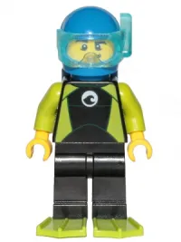 LEGO Diver - Male, Black Wetsuit with White Logo and Lime Trim and Flippers, Blue Helmet and Air Tanks minifigure