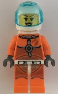 LEGO Astronaut - Female, Orange Spacesuit with Dark Bluish Gray Lines, Trans Light Blue Large Visor, Open Mouth Smile minifigure