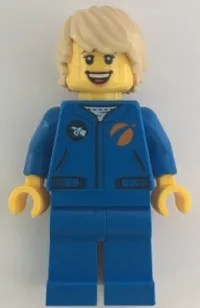 LEGO Astronaut - Female, Blue Jumpsuit, Tan Hair Tousled with Side Part, Freckles, Open Smile with Teeth minifigure