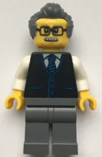 LEGO Launch Director - Male, Black Vest with Blue Striped Tie, Dark Bluish Gray Legs, Dark Bluish Gray Hair, Glasses and Moustache minifigure