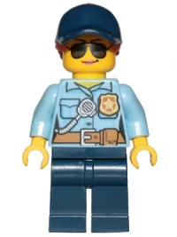 LEGO Police - City Officer Female, Bright Light Blue Shirt with Badge and Radio, Dark Blue Legs, Dark Blue Cap with Dark Orange Ponytail, Sunglasses minifigure