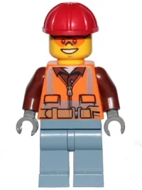 LEGO Lumberjack - Male, Orange Safety Vest, Reflective Stripes, Reddish Brown Shirt, Sand Blue Legs, Red Construction Helmet, Orange Safety Glasses minifigure