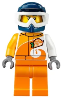 LEGO ATV Driver - Male, 'ViTA RUSH' Uniform, Orange Legs, Dark Blue Helmet minifigure