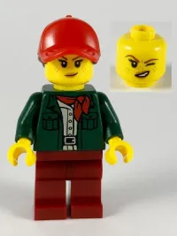 LEGO Safari Tourist Woman, Red Ball Cap and Scarf, Dark Green Jacket, Dark Red Legs minifigure
