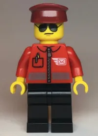 LEGO Post Office - Airmail Letter Logo and Red Jacket with Zipper, Dark Red Hat, Black Legs, Sunglasses minifigure