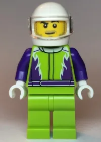 LEGO Monster Truck Driver, Lime Legs and Jacket with Purple Flames and Arms, White Helmet minifigure