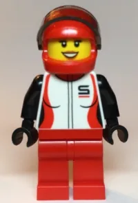 LEGO Race Car Driver, Female, Red and White Race Jacket, Red Helmet and Legs minifigure