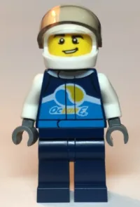 LEGO Race Car Driver, Male, Dark Blue 'Octan E' Race Jacket and Legs, White Helmet minifigure