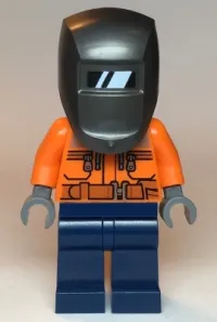 LEGO Welder - Male, Orange Safety Jacket, Reflective Stripe, Sand Blue Hoodie, Dark Blue Legs, Black Helmet, Pearl Dark Gray Welding Visor minifigure