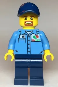 LEGO Gas Station Worker - Medium Blue Shirt with 'Octan' Logo, Dark Blue Legs and Cap minifigure