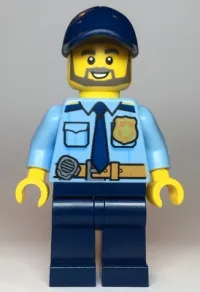 LEGO Police - City Officer Shirt with Dark Blue Tie and Gold Badge, Dark Tan Belt with Radio, Dark Blue Legs, Dark Blue Cap, Full Beard minifigure