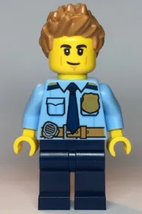 LEGO Police - City Officer Shirt with Dark Blue Tie and Gold Badge, Dark Tan Belt with Radio, Dark Blue Legs, Medium Nougat Spiked Hair minifigure