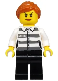 LEGO Police - Jail Prisoner 50382 Prison Stripes, Female, Black Legs, Scowl with Peach Lips, Orange Ponytail minifigure