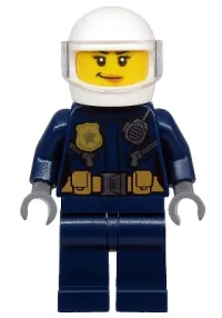 LEGO Police - ATV Driver Female, Leather Jacket with Gold Badge and Utility Belt, White Helmet, Trans-Clear Visor, Peach Lips Smirk minifigure