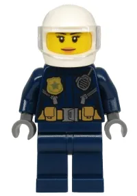 LEGO Police - City Motorcyclist Female, Leather Jacket with Gold Badge and Utility Belt, White Helmet, Trans-Clear Visor, Peach Lips minifigure