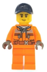 LEGO Street Sweeper Operator - Male, Orange Safety Jacket, Reflective Stripe, Sand Blue Hoodie, Orange Legs, Dark Blue Cap with Hole, Smirk minifigure