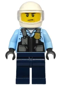LEGO Police - City Motorcyclist, Safety Vest with Police Badge, Dark Blue Legs, White Helmet, Trans-Clear Visor minifigure