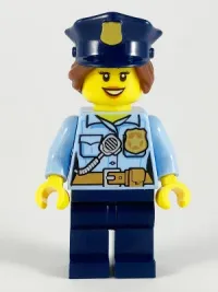 LEGO Police - City Officer Female, Bright Light Blue Shirt with Badge and Radio, Dark Blue Legs, Dark Blue Police Hat minifigure