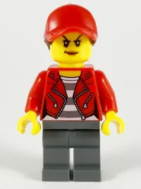 LEGO Police - City Bandit Crook, Red Jacket, Red Ball Cap with Reddish Brown Ponytail, Dark Bluish Gray Legs minifigure