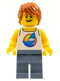 LEGO Surfer - Male, White Tank Top with Dark Azure Windsurf, Sand Blue Legs, Dark Orange Tousled Hair minifigure