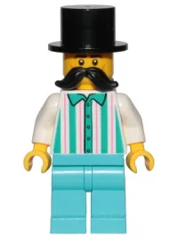 LEGO Fairground Employee, Male - Black Top Hat, Moustache, White Shirt with Stripes, Medium Azure Legs minifigure