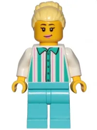LEGO Fairground Employee, Female - Bright Light Yellow Hair with High Bun, White Shirt with Stripes, Medium Azure Legs minifigure