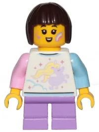 LEGO Child Girl - Shirt with Unicorn, Medium Lavender Short Legs, Dark Brown Hair Short, Bob Cut minifigure