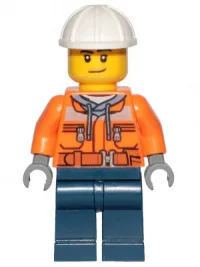LEGO Construction Worker - Male, Orange Safety Jacket, Reflective Stripe, Sand Blue Hoodie, Dark Blue Legs, White Construction Helmet, Stubble minifigure