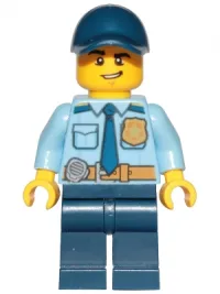 LEGO Police - City Officer Shirt with Dark Blue Tie and Gold Badge, Dark Tan Belt with Radio, Dark Blue Legs, Dark Blue Cap, Lopsided Grin minifigure