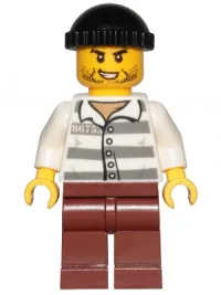 LEGO Police - Jail Prisoner 86753 Prison Stripes, Black Knit Cap, Reddish Brown Legs, Beard Stubble and Lopsided Grin minifigure