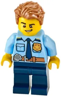 LEGO Police - City Officer Shirt with Dark Blue Tie and Gold Badge, Dark Tan Belt with Radio, Dark Blue Legs, Medium Nougat Tousled Hair minifigure